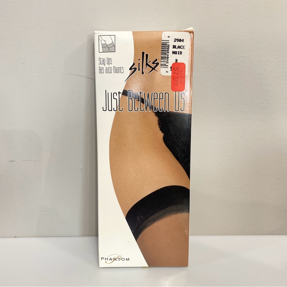 Phantom Black Sheer Thigh-High Stockings with Lace Trim Size B New Old Stock.